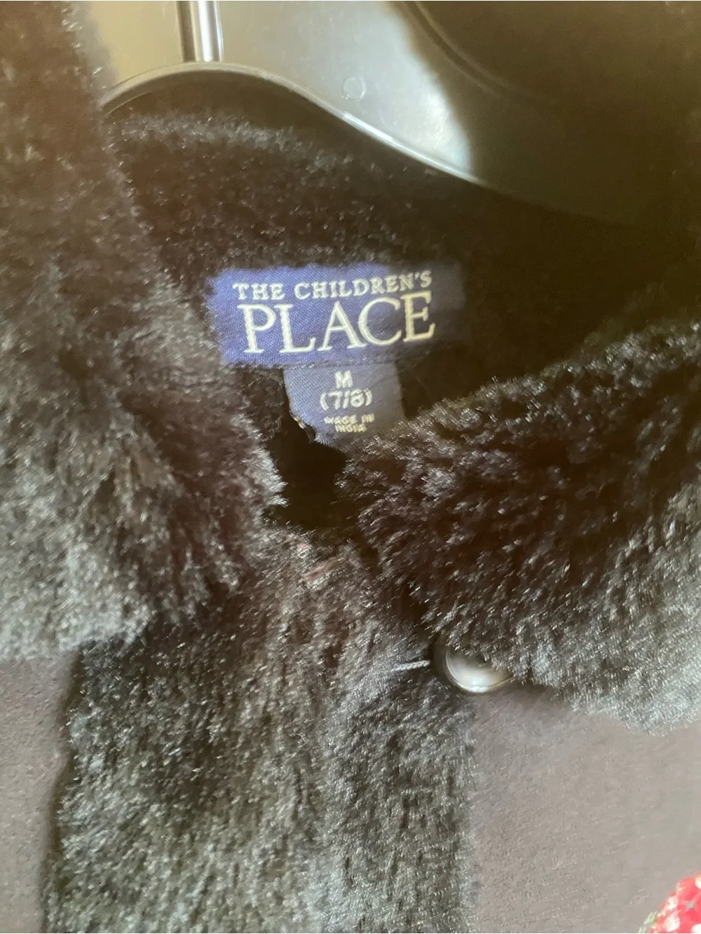 The Children's Place Black Faux-Fur Trim Coat with Red Floral Appliqué size 7/8